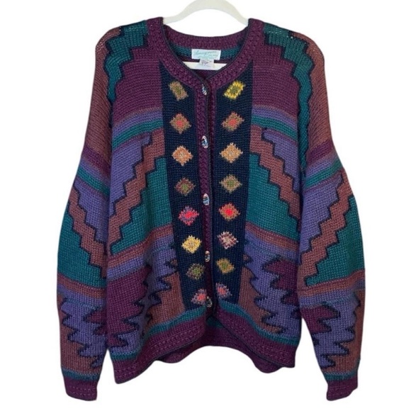 Amazonias Sweaters - Vintage Purple/Black 100% Alpaca Wool Oversized Hand Knitted Cardigan, Size M